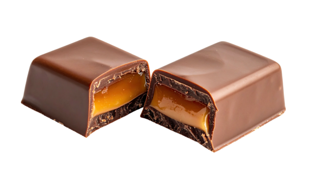 Cut chocolate caramel smooth filling, dark shell