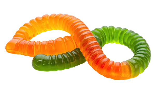 Curled gummy worm candy, orange/green/yellow, on black
