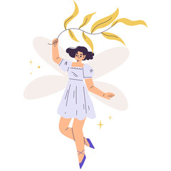 Whimsical Fairy Character with Delicate Wings Holding a Branch of Golden Leaves on a White Background with Sparkles