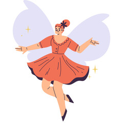 Whimsical Fairy Character Dancing With Translucent Wings And Orange Dress And Sparkles Translucent Background