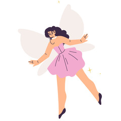 Whimsical Fairy in a Pink Dress with Translucent Wings Dancing Joyfully with Sparkles on a White Background Detailed Illustration