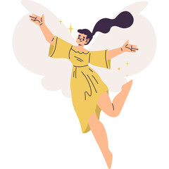 Whimsical fairy with outstretched arms and flowing dark hair wears a golden yellow dress with wide sleeves and delicate wing outlines on a transparent background with sparkling accents