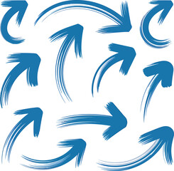 Fototapeta premium Collection of blue hand painted brush stroke arrows pointing in various directions on white background