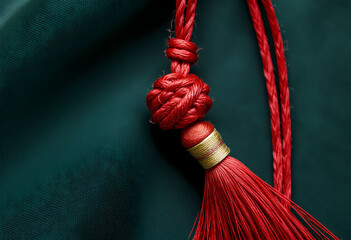 Red Tassel with Braided Knot on Dark Green Fabric Background