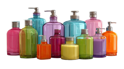 Colorful bottles of liquid, like cosmetic gel or shampoo, isolated on a white background, include glass and plastic containers in blue, green, and pink
