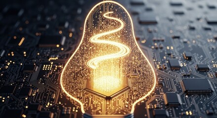 A glowing lightbulb with a circuit board background represents innovation