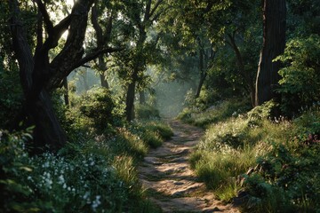 Fototapeta premium Enchanting path leads through a mystical forest filled with lush greenery and soft sunlight filtering through the trees, creating a magical atmosphere in the early morning