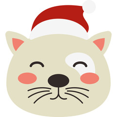 Whimsical Cat Wearing Santa Hat with Closed Eyes and Rosy Cheeks Illustration