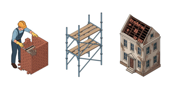 Construction elements brick layer, scaffolding, and house structural design in isometric art