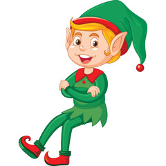 Whimsical Christmas Elf Character Wearing Green Costume and Red Hat with Arms Crossed Sitting Pose Isolated on Transparent Background