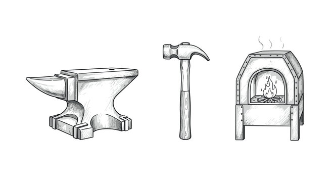 Hand drawn blacksmith tools with anvil, hammer, and forge on white background