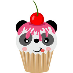 Whimsical Cupcake With Panda Face Design Topped With Cherry and Pink Frosting White Background Isolated Kawaii Cartoon Character Sweet Dessert Food