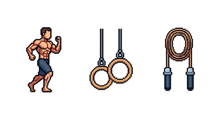 Pixel art fitness icons muscular athlete, gymnastic rings, jump rope for exercise enthusiasts