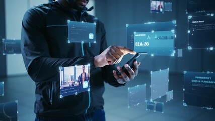 Man using smartphone to interact with floating digital interface screens in a modern tech environment, futuristic mobile ui and data dashboard concept for innovation and productivity - Powered by Adobe