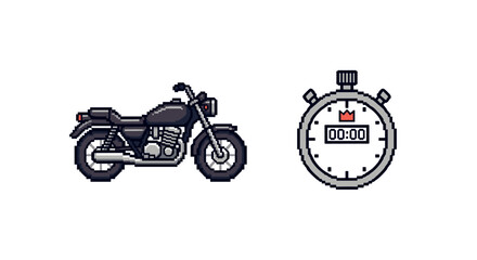 Pixel art motorcycle and stopwatch design for retro gaming themes