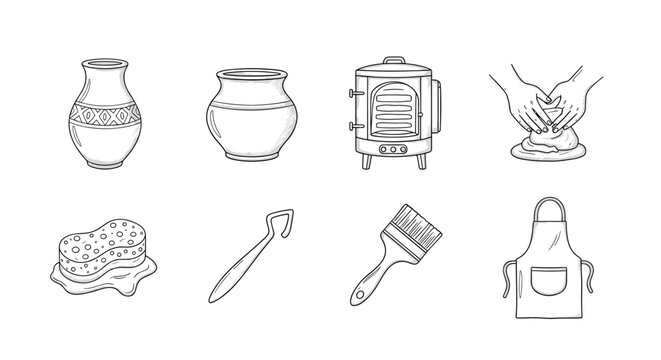 Pottery and baking tools handdrawn elements of ceramics and cooking essentials