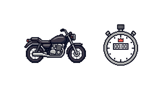 Pixel art motorcycle and stopwatch design for retro gaming themes