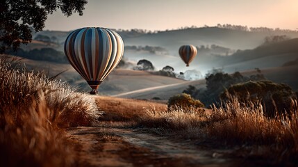 beautiful landscape with flying hot air balloons