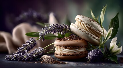 colorful tasty macaroon assortment and lavender flowers