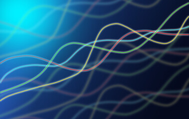 Colorful glowing curved lines on blue gradient background symbolizing digital data flow and technology