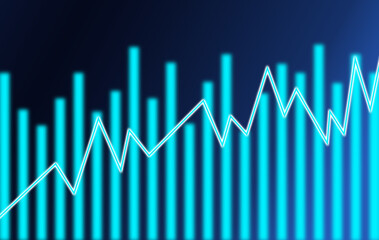 Blue glowing financial bar chart with zigzag line arrow graph representing data analysis and business growth