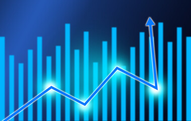 Blue glowing arrow rising on digital bar chart symbolizing business growth financial success and progress