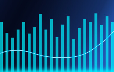 Blue glowing financial bar chart with smooth line graph representing data statistics and business growth