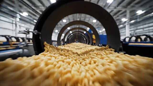 A close up view of a conveyor belt carrying a large amount of yellow material through hoops