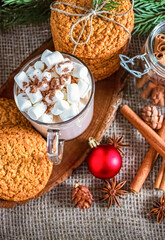 A Christmas photo with marshmallows in a mug and cinnamon sticks, as well as Christmas cookies and fir branches, as well as star anise fir cones and red Christmas tree decorations nearby