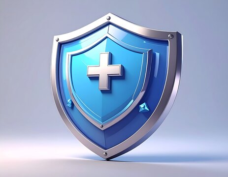 A glossy blue shield with a medical cross and silver trim