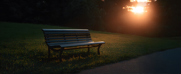 Sunset drapes the empty park bench in a soft golden hug like nature’s whisper.