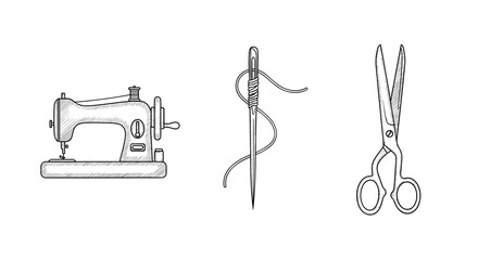 Timeless sewing tools vintage sewing machine, needle with thread, and scissors
