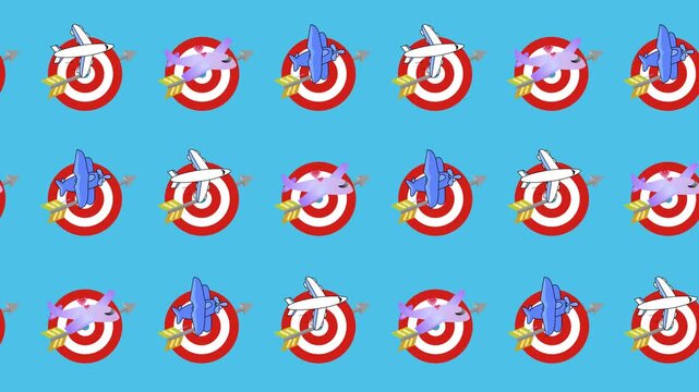 Seamless pattern of flight destination target and airplane icons in a tileable background animation. Repeat wallpaper with an air travel cartoon. Digital marketing for business travel and tourism.