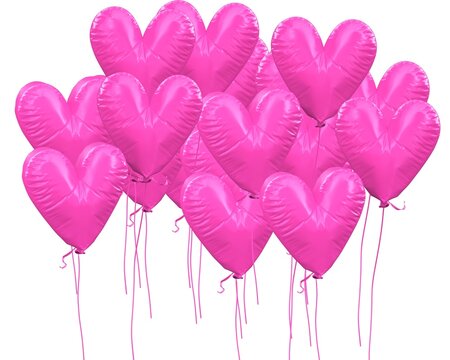 Pink heart-shaped balloons isolated on white background. 3D rendering.
