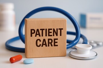 Focus on Patient Care, illustrated by a wooden block, a blue stethoscope, and pills, emphasizes essential healthcare services and medical well-being