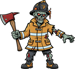 Zombie firefighter cartoon character with axe, horror emergency theme, scary undead illustration, Halloween monster vector, flaming helmet, blood-stained uniform, isolated design