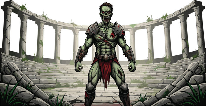 Zombie gladiator vector, horror warrior character, ancient coliseum battle scene, spooky undead fighter, fantasy arena illustration, scary mythological combat theme