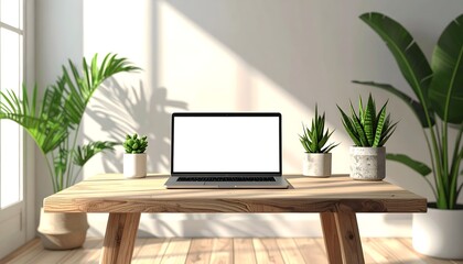 Fototapeta premium Modern workspace with laptop and plants bathed in sunlight for fresh creative vibes