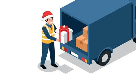 Holiday delivery with worker loading gift box into truck in isometric style