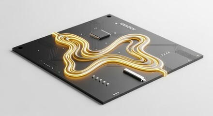 Motherboard with glowing cables isolated on white background for technology concept