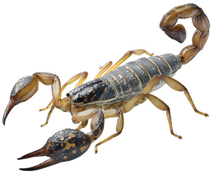A detailed close up shot of a scorpion with its claws and tail visible against a black background