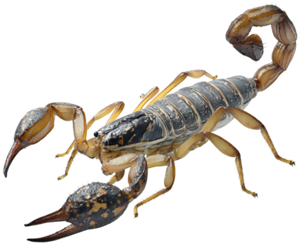 A detailed close up shot of a scorpion with its claws and tail visible against a black background