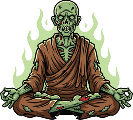 Zombie monk in lotus pose, cartoon undead meditation character, horror spiritual illustration, spooky Halloween concept, creepy peaceful scene, green aura mystic