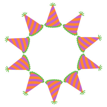 Colorful party hats arranged in circle frame. Festive illustration for celebration, birthday.