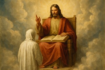 Fototapeta premium Jesus sits on the throne in heaven as a judge and there person in front of him in white garments.
