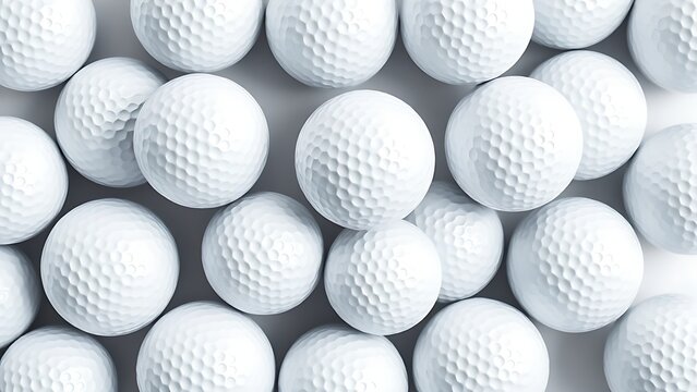 dimple. Multiple golf balls arranged in a pattern from above, isolated on a pure white background. event key visuals, club posters, designed for fitness apps and gym onboarding, supports training.