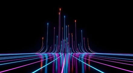 Abstract futuristic glowing neon light streaks rising from a digital grid on a dark background