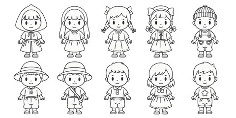 Collection of cute stylized children illustrations in various outfits vector art scalable eps vector