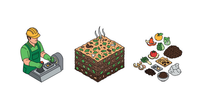 Isometric composting process key elements and operator control panel overview