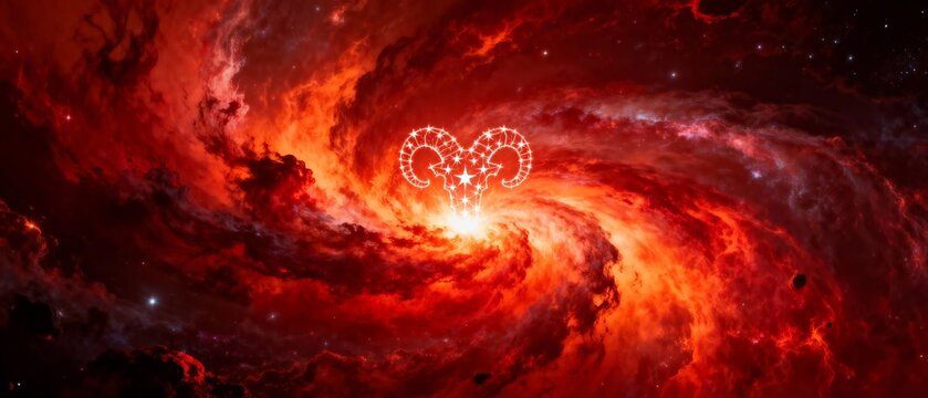 A glowing Aries ram zodiac symbol at the center of a swirling, fiery red and orange spiral galaxy, representing energy, power, and the fire element